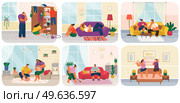 Life of young couple, set of scenes from everyday household chores, prepare for move and fold their clothes, cleaning house and rest, quarrel and play together. People activity, daily family routine. Life of young couple, set of scenes from everyday household chores. People activity, daily routine. Стоковая иллюстрация, агентство Ingram Publishing / Фотобанк Лори