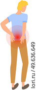 Man with pain in his back isolated on white background. Guy is suffering from backache. Painful sensations in joint. Person is holding his sore loin. Male character feeling pain in small of back. Guy is suffering from backache. Painful sensations in joint of back. Person is holding his sore loin. Стоковая иллюстрация, агентство Ingram Publishing / Фотобанк Лори
