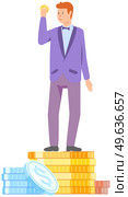 Billionaire businessman stands on stack of gold coins. Successful man shoveling up money. Man with bunch of money. Business success concept. Rich male character stands on money in form of gold. Rich male character stands on gold coins. Successful man on stack of money. Business success concept. Стоковая иллюстрация, агентство Ingram Publishing / Фотобанк Лори