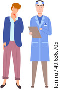 Man with pain in throat in consultation with doctor. Otolaryngologist consults patient with sore throat. Person suffering from pain. Painful sensations of sick person. Young man grabs his hand to neck. Man with pain in consultation with doctor. Otolaryngologist consults patient with sore throat. Стоковая иллюстрация, агентство Ingram Publishing / Фотобанк Лори
