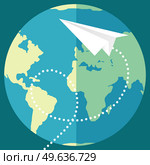 Paper airplane circling around globe. Aircraft against background of planet. Sending letters in form of paper planes around world. International postal system. Airplane is flying near Earth. Aircraft against background of planet. Sending letters in form of paper planes around world. Стоковая иллюстрация, агентство Ingram Publishing / Фотобанк Лори