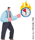 Angry businessman pointing at clock on wall and showing that employee is late. Male boss shows few minutes left until end of term. Strict director points at clock with time to deal with deadline. Director points at wall clock with time to deal with deadline. Male boss shows few minutes left. Стоковая иллюстрация, агентство Ingram Publishing / Фотобанк Лори