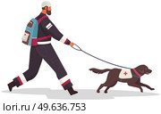 Rescuer with dog go on mission. Lifeguard dog on leash from man. Security brigade representative during natural disaster. Rescuer with backpack in protective suit walks with lifeguard puppy. Rescuer with backpack in protective suit walks with puppy. Lifeguard dog from security brigade. Стоковая иллюстрация, агентство Ingram Publishing / Фотобанк Лори