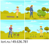 Female farmer sowing seeds for future harvest. Chemical treatment of garden plant spring seasonal farm work. Man gardener watering plant with watering can, organic agriculture. Vegetable farm worker. Man gardener watering plants vegetables, female farmer sowing seeds, seasonal farm work scenes set. Стоковая иллюстрация, агентство Ingram Publishing / Фотобанк Лори