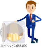 Billionaire businessman near full bank vault standing next to pile of gold bars. Rich man in costume shoveling up money. Business success concept. Male character shows his money in form of gold bars. Male character shows his money in form of gold bars. Billionaire businessman near full safe. Стоковая иллюстрация, агентство Ingram Publishing / Фотобанк Лори