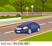 Landscape of urban city with passenger car. Cityscape of town with highway. Automobile on road against background of modern park. Roadway, cityscape and nature. Car drives along roads of city. Automobile on road against background of modern park. Roadway, cityscape and nature lanfscape. Стоковая иллюстрация, агентство Ingram Publishing / Фотобанк Лори