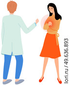 Sick woman with heart attack in consultation with doctor. Medical specialist consults patient with problems with cardiovascular system. Girl complains to physician about heart problem and pain. Girl complains to physician about heart problem. Sick woman with painful sensation in her chest. Стоковая иллюстрация, агентство Ingram Publishing / Фотобанк Лори