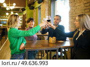 Happy diverse group of friends clinking glasses of alcohol during party in weekend in pub. Man and women proposing toast during party. Стоковое фото, агентство Ingram Publishing / Фотобанк Лори