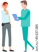 Man with pain in ear in consultation with doctor. Medical specialist consults patient with earache. Young guy grabs his hand to head. Male character complains about painful sensations in ear. Patient complains about painful sensations in ear. Man with earache in consultation with doctor. Стоковая иллюстрация, агентство Ingram Publishing / Фотобанк Лори