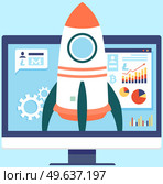 Computer monitor with rocket on screen. Launching new project. Business startup with spaceship. Rocket launch planning and statistical analysis. Data and analysis of statistics for project development. Launching business project. Startup with spaceship. Rocket launch planning and statistical analysis. Стоковая иллюстрация, агентство Ingram Publishing / Фотобанк Лори