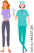 Woman with pain in mouth in consultation with doctor. Dentist consults patient with toothache. Painful sensations of sick person. Female patient touching her cheeck and feeling pain in tooth. Woman with pain in mouth in consultation with doctor. Dentist consults patient with toothache. Стоковая иллюстрация, агентство Ingram Publishing / Фотобанк Лори
