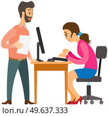 Female character working at computer and doing tasks to finish on time. Boss is talking to employee to complete assignment defore deadline. Director communicating with subordinate during work. Boss is talking to female employee working at computer to complete assignment defore deadline. Стоковая иллюстрация, агентство Ingram Publishing / Фотобанк Лори