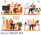 Old people play video game. Modern senior people gadgets. Oldster education computer. Old progressive use modern technology. Learning to use PC. Elderly couple gadgets. Aging parents video conference. Old people play video game. Senior people with different gadgets. Oldster education on computer. Стоковая иллюстрация, агентство Ingram Publishing / Фотобанк Лори