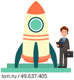 Preparation of rocket for launch. Man works with business startup. Businessman launching project, startup, business strategy successful. Entrepreneur creating and planning new project with spaceship. Businessman launches new project, startup, business strategy. Entrepreneur planning launch of rocket. Стоковая иллюстрация, агентство Ingram Publishing / Фотобанк Лори