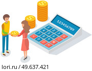 Pay check, salary income, financial success concept. People counting budget on calculator. Girl with guy exchanges money, gives gold dolar coins. Characters are counting savings, money, pennies. Girl with guy exchanges money, gives gold dolar coins. People counting budget on calculator. Стоковая иллюстрация, агентство Ingram Publishing / Фотобанк Лори