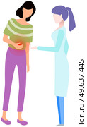 Girl with abdominal pain in consultation with doctor. Gastroenterologist consults patient with stomachache. Abdomen disease and illness. Female character suffering from menstrual abdominal pain. Female character suffering from abdominal pain in consultation with doctor gastroenterologist. Стоковая иллюстрация, агентство Ingram Publishing / Фотобанк Лори