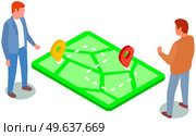 Business plan, project management and strategy, men stand near map with marks. Location, placement of trade points. Businessmen determine geolocation, studying new route. Colleagues discuss map. Businessmen determine geolocation, studying new route. Colleagues discussing map with marks. Стоковая иллюстрация, агентство Ingram Publishing / Фотобанк Лори