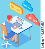 Online education or remote work concept. Student learning, working at home. Woman is sitting at desk, looking at computer screen with online library. Books and educational programs in laptop. Student is learning, working at home. Books, remote work and educational programs in laptop. Стоковая иллюстрация, агентство Ingram Publishing / Фотобанк Лори