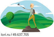Happy climber reached summit of mountain. Traveling and technology concept. Lady with smartphone is posing for photo on peak. Woman taking selfie on mountain. Girl is photographed while traveling. Lady with smartphone is posing for photo on peak. Woman taking selfie on summit of mountain. Стоковая иллюстрация, агентство Ingram Publishing / Фотобанк Лори