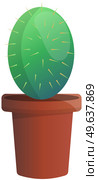 Wild cactus green color plant in clay pot. Desert flora grower with prickly needles. Succulent oval form. Spiny plant. Prickly pear, barrel, hedgehog cactuses, saguaro. Isolated vector illustration. Wild cactus green color plant in clay pot. Desert flora grower with prickly needles. Succulent oval. Стоковая иллюстрация, агентство Ingram Publishing / Фотобанк Лори