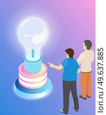 People work with information and data. Idea symbol in form of lightbulb. Colleagues communicate and discuss startup. Men look at big light bulb, symbol of business idea. Planning startup, new project. People planning startup, new project. Colleagues discussing idea symbol in form of lightbulb. Стоковая иллюстрация, агентство Ingram Publishing / Фотобанк Лори