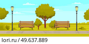 Street with plants and asphalt road. Sidewalk in summer park. Landscape with nature and sidewalk. Natural landscape around road. View of park with wooden benches, lamp posts and deciduous trees. View of park with wooden benches, lamp posts and deciduous trees. Street with plants and road. Стоковая иллюстрация, агентство Ingram Publishing / Фотобанк Лори
