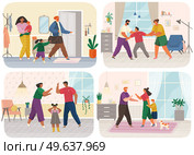 Problems and conflict in family, fight and arguing, quarreling over child in family scenes set. Angry parents swearing. Unhappy teenager. Dispute man and woman. Toxic relationships between people. Problems and conflict in family, fight and arguing, quarreling over child in family scenes set. Стоковая иллюстрация, агентство Ingram Publishing / Фотобанк Лори