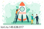 Businesspeople agree to create new project and shake hands. Entrepreneurs create new project, startup, business strategy with spaceship. Woman looking at porthole of new rocket before launch. Businesspeople agree to create new project, startup. Woman looking at porthole of new rocket. Стоковая иллюстрация, агентство Ingram Publishing / Фотобанк Лори