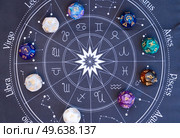 Horoscope zodiac circle with divination dice, top view. Fortune telling and astrology predictions concept, magic rituals and exoteric experience. Zodiac horoscope with divination dice. Стоковое фото, агентство Ingram Publishing / Фотобанк Лори