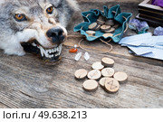 Handmade runes for fortunetelling with wolf head. Handmade runes for fortunetelling. Стоковое фото, агентство Ingram Publishing / Фотобанк Лори