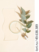 Glass petri dish with transparent pure serum for skin care on beige background, top view. Concept laboratory tests, research, making natural organic cosmetic, natural cosmetics with eucaliptus twig. Glass petri dish with transparent pure serum for skin care. Стоковое фото, агентство Ingram Publishing / Фотобанк Лори