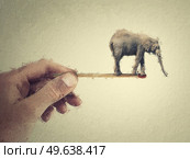 Surreal painting with a tiny elephant balancing on the edge of a matchstick in a person hand. Bizarre concept, endangered animals depends on human behavior. Стоковое фото, агентство Ingram Publishing / Фотобанк Лори