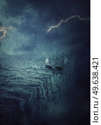 Surreal painting with a ship wrecked to the end of the world, crashing down into another dimension of the ocean. Fantastic nautical seascape, stormy night adventure. Стоковое фото, агентство Ingram Publishing / Фотобанк Лори