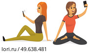 Girls sitting on floor and taking selfie. Women are photographed on phone camera. Ladies with smartphone posing for self portrait and doing yoga in lotus position. Female character making selfie photo. Ladies with smartphone are posing for self portrait photos and doing yoga in lotus position. Стоковая иллюстрация, агентство Ingram Publishing / Фотобанк Лори