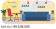 Arrangement of furniture in workplace of interviewer. Furniture elements and decorations of interior vector illustration. Interior design of room for interviews, broadcasts, podcasts in studio. Arrangement of furniture in workplace of interviewer. Interior design of room for broadcast, podcast. Стоковая иллюстрация, агентство Ingram Publishing / Фотобанк Лори