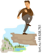 Man suffering from fear of of heights. Person is scared of abyss below. Male character fearfully looks at something. Fear of heights, phobia, horror. Frightened guy on rock suffers from acrophobia. Frightened guy on rock suffers from acrophobia, fear of heights. Person is scared of abyss below. Стоковая иллюстрация, агентство Ingram Publishing / Фотобанк Лори
