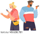 People using smartphones, gadget, mobile phone. People with cellular devices cartoon character. Mobile internet, social media. Taking selfie on smartphone. Modern communication technology. People using smartphones, gadget, mobile phone. Mobile internet, social media. Taking selfie on smartphone. Стоковая иллюстрация, агентство Ingram Publishing / Фотобанк Лори