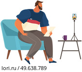 Young guy communicates with friend via video call. Working video communication, online talk. Man watching video, podcast on smartphone. Virtual communication via Internet. Online broadcasting concept. Man watching video, podcast, broadcast on smartphone screen. Virtual communication via Internet. Стоковая иллюстрация, агентство Ingram Publishing / Фотобанк Лори