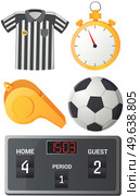 Soccer and Football concept with flat icons Referee, ball, stopwatch and whistle. Isolated vector illustration attributes of sports judge with electronic scoreboard indicating time and score of game. Soccer and Football concept with flat icons Referee, ball, stopwatch and whistle isolated vector. Стоковая иллюстрация, агентство Ingram Publishing / Фотобанк Лори