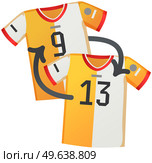Sport uniform Jersey, soccer shirt flat vector clothing element isolated on white background. Clothing for team play of athletes, goalkeeper, striker with player number and emblems, t shirt icon. Sport uniform Jersey, soccer shirt flat vector clothing element isolated on white background. Стоковая иллюстрация, агентство Ingram Publishing / Фотобанк Лори