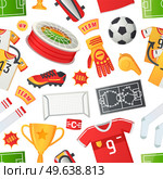 Soccer symbols set, sport football vector banner. Uniform and awards isolated on white, scoreboard and stadium, stopwatch whistle, gate ticket, ball penalty field, clothes and shoes, team championship. Soccer symbols set, sport football vector banner. Uniform and awards isolated, team championship. Стоковая иллюстрация, агентство Ingram Publishing / Фотобанк Лори