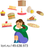 Scared young woman surrounded by junk food. Person is terrified or shocked due to seeing frightening unhealthy products. Lady is sitting and trembling due to fear. Fear of weight gain and obesity. Scared young woman surrounded by junk food. Girl is suffering from fear of weight gain and obesity. Стоковая иллюстрация, агентство Ingram Publishing / Фотобанк Лори