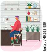 Young guy communicates with friend via video call. Working video communication, online talk. Man watching video, podcast on smartphone. Virtual communication via Internet. Online broadcasting concept. Man watching video, podcast, broadcast on smartphone screen. Virtual communication via Internet. Стоковая иллюстрация, агентство Ingram Publishing / Фотобанк Лори