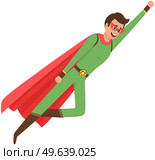 Strong superman smiles and flies to save world stretched out his hand. Brave character in superhero costume with red cloak on white background. Cartoon person hurries to protects people from villains. Strong superman smiles and flies to save world. Brave character in superhero costume with red cloak. Стоковая иллюстрация, агентство Ingram Publishing / Фотобанк Лори