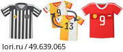 Sport uniform Jerseys, colorful soccer shirts flat vector set isolated on white background. Clothing for team play of athletes, goalkeeper, striker and referee with numbers and emblems, t shirt. Sport uniform Jerseys, colorful soccer shirts flat vector set isolated on white background. Стоковая иллюстрация, агентство Ingram Publishing / Фотобанк Лори