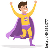 Cartoon superhero smiles and hurries to save world. Brave character in superman yellow costume with purple cloak and emblem running on white background. Strong savior protects people from villains. Cartoon superhero smiles and hurries to save world. Brave character in superhero yellow costume. Стоковая иллюстрация, агентство Ingram Publishing / Фотобанк Лори