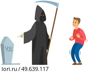 Male character suffering from fear of death near skeleton in hoodie with scythe isolated on white background. Death with scythe in black cloak scares man. Guy looking at tombstone is afraid to die. Male character suffers from fear. Death with scythe in black cloak scares man. Guy is afraid to die. Стоковая иллюстрация, агентство Ingram Publishing / Фотобанк Лори