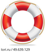 Lifebuoy red and white life ring with rope. Device for rescuing drowning sailor. Remedy for people who can not swim. Lifebuoy for pulling people out of water. Rescue device marine ship equipment. Red lifebuoy with rope isolated on white background. Life-saving remedy for drowning man. Стоковая иллюстрация, агентство Ingram Publishing / Фотобанк Лори