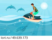 Young man in life jacket on water bike jumping over waves of sea. Guy does tricks on water scooter, rides waves. Vacation at sea, sports, pastime near ocean. Seascape with dolphins and sportsman. Man in life jacket on water bike jumping over waves of sea. Seascape with dolphins and sportsman. Стоковая иллюстрация, агентство Ingram Publishing / Фотобанк Лори