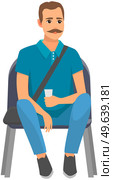 Person with drink sitting on chair and watching show isolated on white background. Mustachioed male character in viewer seat looking at something. Man spectator sitting on viewer place and drinking. Mustachioed man on seat looking at something. Spectator sitting in viewer place and drinking. Стоковая иллюстрация, агентство Ingram Publishing / Фотобанк Лори